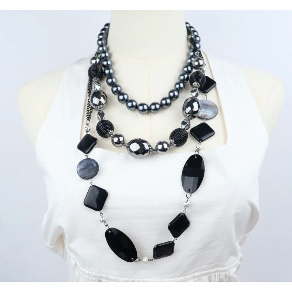 Multi Strand Layering Necklaces (3) Black Silver Chunky Beaded Bold Statement